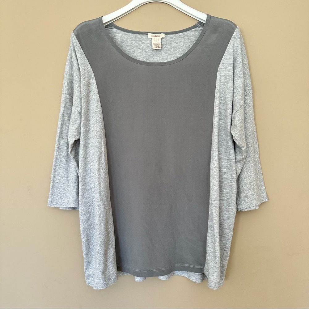 Sundance Women L Top Silk & Cotton Gray Minimalist Quiet Luxury Casual Grey